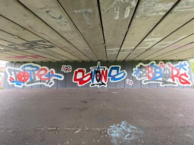 Red and Light Blue and White Stylewriting by smo__crew, Zebor, Svons and Toile. This Graffiti is located in Wolverhampton, United Kingdom and was created in 2023. This Graffiti can be described as Stylewriting and Wall of Fame.