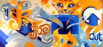 Blue and Orange Characters by Reyn one. This Graffiti is located in München, Germany and was created in 2022. This Graffiti can be described as Characters, Streetart and Stylewriting.