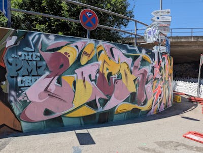 Coralle and Yellow and Cyan Stylewriting by ZICK and PMZ CREW. This Graffiti is located in Ingolstadt, Germany and was created in 2023. This Graffiti can be described as Stylewriting and Wall of Fame.