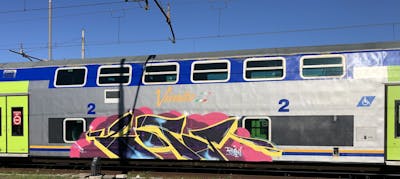 Yellow and Coralle and Black Trains by Zota. This Graffiti is located in Italy and was created in 2022. This Graffiti can be described as Trains and Stylewriting.