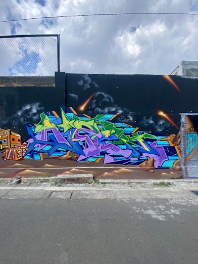 Colorful Stylewriting by M3C and Aizen. This Graffiti is located in Yogyakarta, Indonesia and was created in 2023. This Graffiti can be described as Stylewriting and Wall of Fame.
