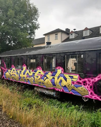 Violet and Yellow Stylewriting by Shew and the Buddys. This Graffiti is located in Strausberg, Germany and was created in 2019. This Graffiti can be described as Stylewriting and Trains.