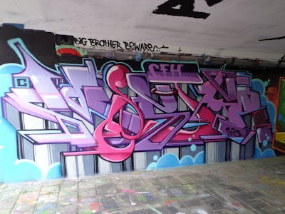 Violet and Colorful Stylewriting by Mister CFH. This Graffiti is located in Eindhoven, Netherlands and was created in 2012. This Graffiti can be described as Stylewriting and Wall of Fame.