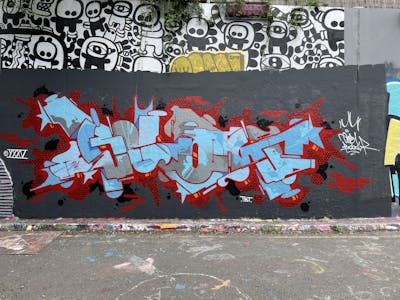 Red and Light Blue Stylewriting by OneBlow, TBT crew and blow. This Graffiti is located in London, United Kingdom and was created in 2022. This Graffiti can be described as Stylewriting and Wall of Fame.