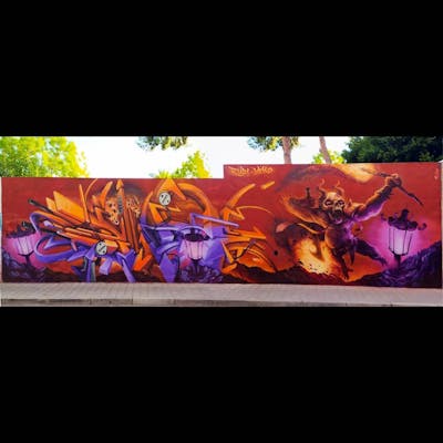 Orange and Violet Stylewriting by Rudi, Rudiart and Mauy. This Graffiti is located in Alicante, Spain and was created in 2020. This Graffiti can be described as Stylewriting, 3D and Characters.