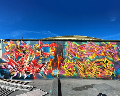 Colorful Stylewriting by Heny, Sowet, Zark, Wios and Resak. This Graffiti is located in Thessaloniki, Greece and was created in 2022. This Graffiti can be described as Stylewriting, Murals and Characters.