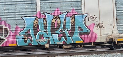 Cyan and Coralle Stylewriting by Gasp. This Graffiti is located in United States and was created in 2024. This Graffiti can be described as Stylewriting, Trains and Freights.