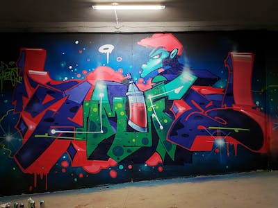 Red and Blue Stylewriting by Fems173. This Graffiti is located in lublin, Poland and was created in 2022. This Graffiti can be described as Stylewriting, Characters and Wall of Fame.