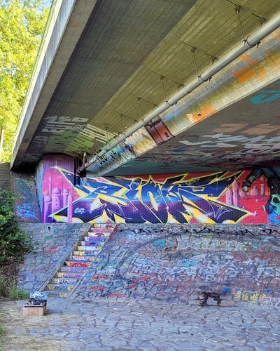Colorful Stylewriting by Riots. This Graffiti is located in Dresden, Germany and was created in 2023. This Graffiti can be described as Stylewriting and Wall of Fame.