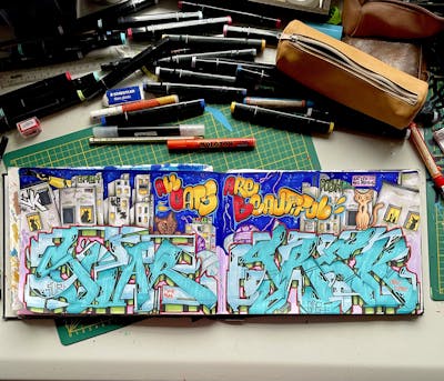Colorful and Cyan Blackbook by Srek and Soar. This Graffiti is located in Germany and was created in 2023. This Graffiti can be described as Blackbook.
