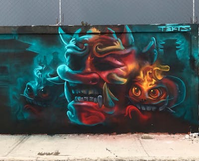 Red and Cyan Characters by TERTS. This Graffiti is located in Chimalhuacán, Mexico and was created in 2022. This Graffiti can be described as Characters and Streetart.