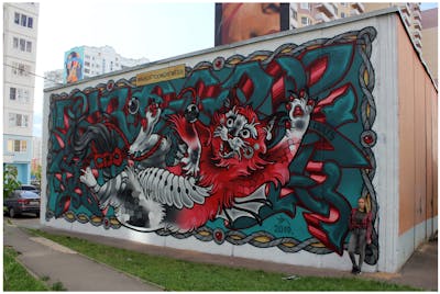 Red and Cyan and Grey Murals by TWESO and Nan. This Graffiti is located in Odintsovo, Russian Federation and was created in 2019. This Graffiti can be described as Murals, Stylewriting, Characters and Streetart.