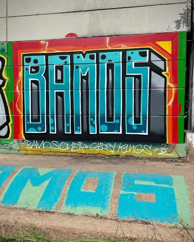 Cyan and Colorful Stylewriting by Bamos. This Graffiti is located in Valencia, Spain and was created in 2022. This Graffiti can be described as Stylewriting and Wall of Fame.