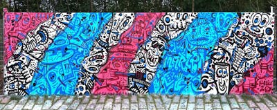 Light Blue and Coralle Characters by Hülpman, OST and PÜTK. This Graffiti is located in Berlin, Germany and was created in 2020.