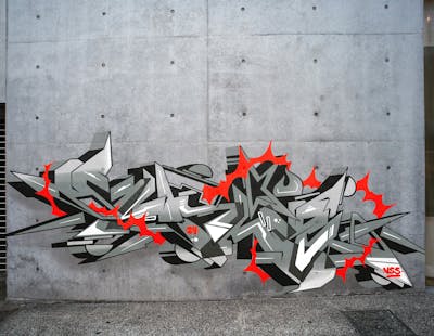 Grey and Red Digital Works by Rush One. This Graffiti is located in Yangon city, Myanmar and was created in 2024.