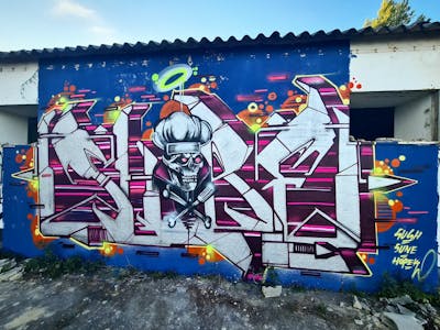 Chrome and Violet and Blue Stylewriting by Shibe. This Graffiti is located in Setubal, Portugal and was created in 2023. This Graffiti can be described as Stylewriting, Characters and Abandoned.