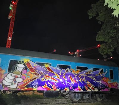 Colorful and Violet Stylewriting by Riots. This Graffiti is located in Jena, Germany and was created in 2023. This Graffiti can be described as Stylewriting, Characters, Trains, Freights and Wall of Fame.