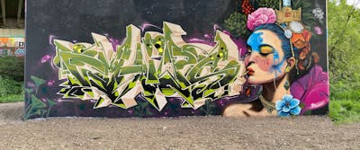 Colorful and Light Green and Beige Stylewriting by DavePlant, Chips, CDSK and smo__crew. This Graffiti is located in London, United Kingdom and was created in 2023. This Graffiti can be described as Stylewriting, Characters and Wall of Fame.