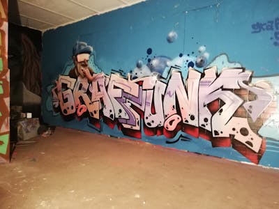 Violet and Coralle and Light Blue Stylewriting by Graff.Funk, Chr15, Sirom and Fumok. This Graffiti is located in Leipzig, Germany and was created in 2022. This Graffiti can be described as Stylewriting, Wall of Fame, Characters and Abandoned.