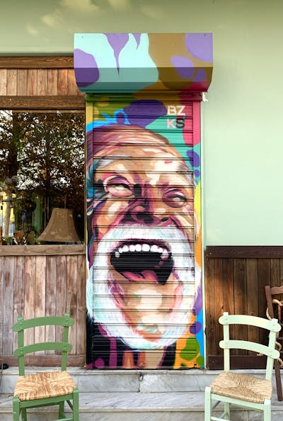 Colorful Characters by bzks. This Graffiti is located in Thessaloniki, Greece and was created in 2023. This Graffiti can be described as Characters, Commission and Streetart.