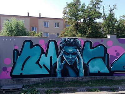Cyan Stylewriting by Notes, BTS, POK, Nairam and RMS. This Graffiti is located in Prešov, Slovakia and was created in 2020. This Graffiti can be described as Stylewriting and Characters.