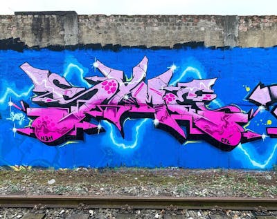 Coralle and Light Blue Stylewriting by Syme. This Graffiti is located in Dortmund, Germany and was created in 2021. This Graffiti can be described as Stylewriting and Line Bombing.