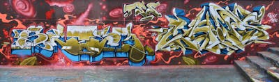 Beige and Light Blue and Red Stylewriting by seyer, Chips and CDSK. This Graffiti is located in London, United Kingdom and was created in 2023. This Graffiti can be described as Stylewriting and Wall of Fame.
