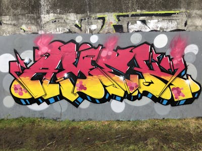 Yellow and Red Stylewriting by AMEK. This Graffiti is located in Glasgow, United Kingdom and was created in 2022. This Graffiti can be described as Stylewriting and Abandoned.