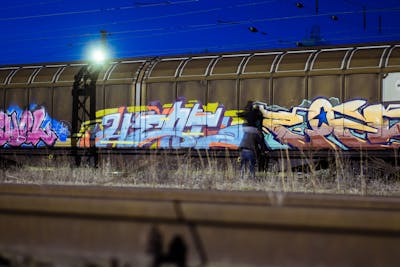 Colorful Stylewriting by Fat Heat and Zoid. This Graffiti is located in Budapest, Hungary and was created in 2020. This Graffiti can be described as Stylewriting, Trains, Freights and Atmosphere.