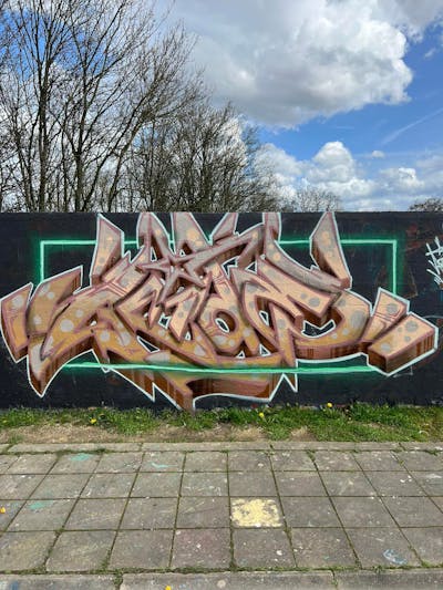 Beige and Brown and Light Green Stylewriting by Acide4000. This Graffiti is located in Liège, Belgium and was created in 2023. This Graffiti can be described as Stylewriting and Wall of Fame.