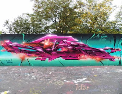 Cyan and Coralle Stylewriting by Köter. This Graffiti is located in Leipzig, Germany and was created in 2020. This Graffiti can be described as Stylewriting, Futuristic and Wall of Fame.