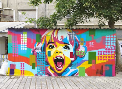 Colorful Characters by bzks. This Graffiti is located in Thessaloniki, Greece and was created in 2023. This Graffiti can be described as Characters, Streetart and Murals.