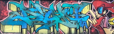 Cyan and Beige and Red Stylewriting by DON and TWA. This Graffiti is located in Lyon, France and was created in 2022. This Graffiti can be described as Stylewriting and Characters.