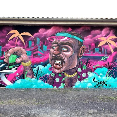 Colorful and Violet Characters by Tokk. This Graffiti is located in Salzwedel, Germany and was created in 2021. This Graffiti can be described as Characters, Streetart and Murals.