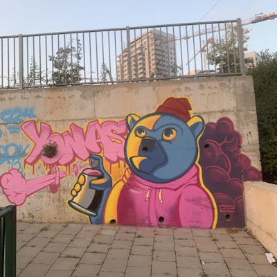 Coralle and Blue and Orange Characters by YONAS. This Graffiti is located in PetahTikva, Israel and was created in 2022.
