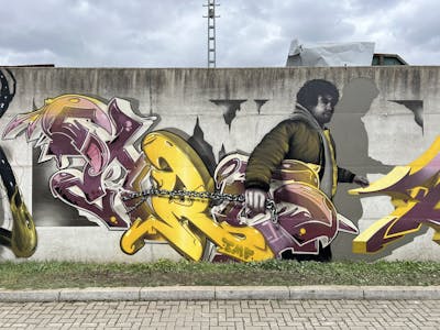 Yellow and Violet and Coralle Characters by Chr15, Sirom and TMF. This Graffiti is located in Freital, Germany and was created in 2024. This Graffiti can be described as Characters and Stylewriting.