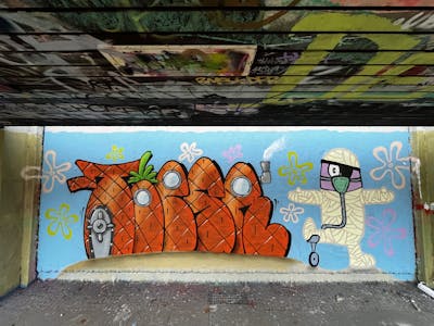 Orange and Colorful Stylewriting by TOESER ONE and NAIF. This Graffiti is located in Hamburg, Germany and was created in 2024. This Graffiti can be described as Stylewriting, Characters, Streetart and Wall of Fame.