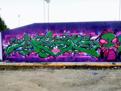 Violet and Light Green Stylewriting by Aek. This Graffiti is located in Acapulco, Mexico and was created in 2022. This Graffiti can be described as Stylewriting, Characters and Wall of Fame.