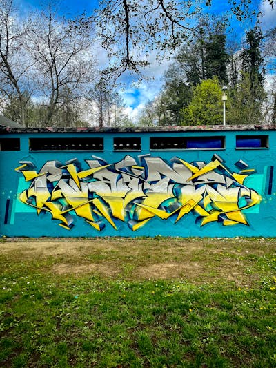 Cyan and Grey and Yellow Stylewriting by Raitz. This Graffiti is located in Germany and was created in 2023.