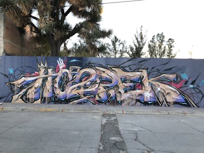 Beige and Violet Stylewriting by Kog, hospek and TWN. This Graffiti is located in Mexico and was created in 2022. This Graffiti can be described as Stylewriting and Wall of Fame.