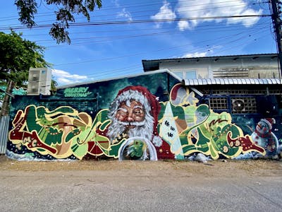 Colorful and Light Green Stylewriting by Jahdub and Hootive. This Graffiti is located in Thailand and was created in 2023. This Graffiti can be described as Stylewriting, Characters, Murals and Streetart.