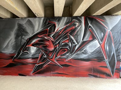 Red and Grey and Black Stylewriting by 143Crew, Real143 and Bat Sabbath. This Graffiti is located in Béziers, France and was created in 2024. This Graffiti can be described as Stylewriting and 3D.