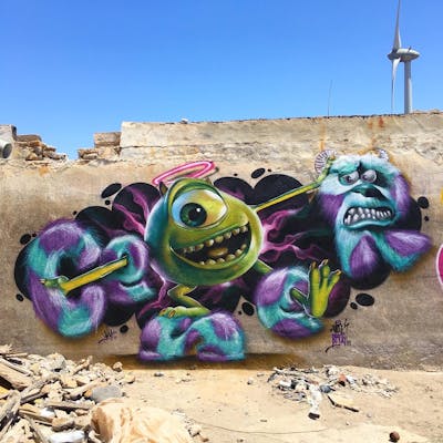 Cyan and Violet and Green Stylewriting by Ceser87 and ceser. This Graffiti is located in Gran Canaria, Spain and was created in 2022. This Graffiti can be described as Stylewriting, Characters, 3D and Abandoned.