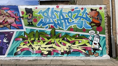 Colorful Stylewriting by Picks and Spast. This Graffiti is located in Hettstedt, Germany and was created in 2023. This Graffiti can be described as Stylewriting, Characters and Streetart.