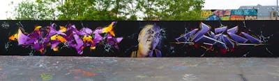 Violet and Colorful Stylewriting by Posa, Searok, Kan and TMF. This Graffiti is located in Leipzig, Germany and was created in 2019. This Graffiti can be described as Stylewriting, Characters and Wall of Fame.
