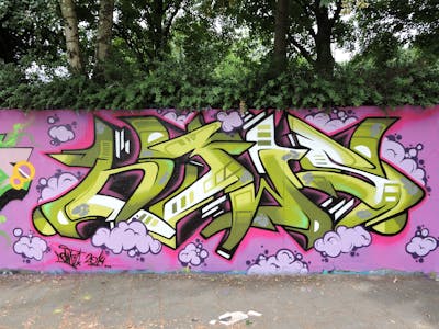 Light Green and Coralle Stylewriting by News. This Graffiti is located in Tilburg, Netherlands and was created in 2014. This Graffiti can be described as Stylewriting and Wall of Fame.