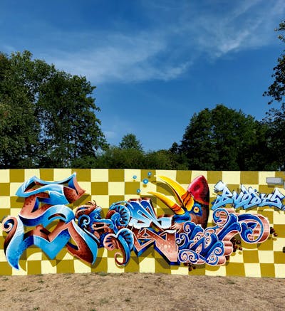 Colorful Stylewriting by Shew and the Buddys. This Graffiti is located in Strausberg, Germany and was created in 2022. This Graffiti can be described as Stylewriting and Characters.