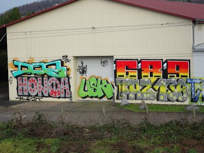Colorful Stylewriting by 689, Doe, Honda, USK, FAZ136, 1SEC and 689ers. This Graffiti is located in Radebeul, Germany and was created in 2023. This Graffiti can be described as Stylewriting and Street Bombing.
