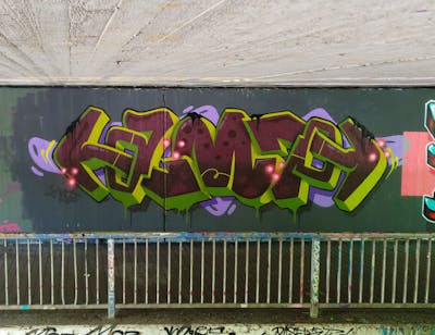 Light Green and Brown and Colorful Stylewriting by HAMPI. This Graffiti is located in MÜNSTER, Germany and was created in 2023. This Graffiti can be described as Stylewriting and Wall of Fame.