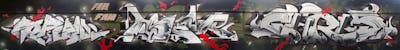 Grey and Red Wall of Fame by Sirom, Chr15 and Aser. This Graffiti is located in Berlin, Germany and was created in 2022. This Graffiti can be described as Wall of Fame and Stylewriting.